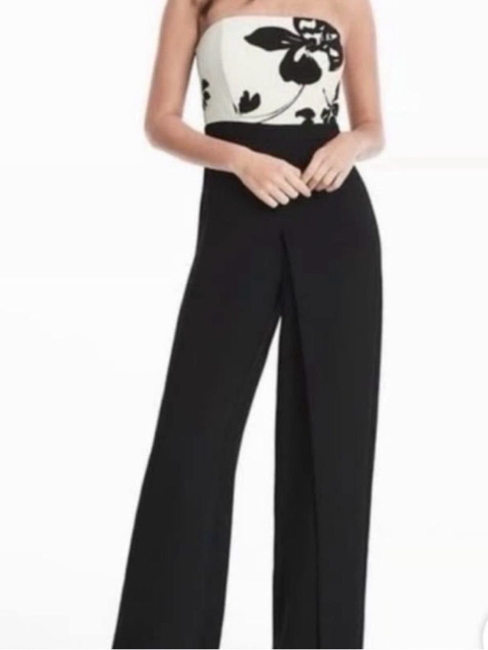 White House Black Market Black Wide-Leg Jumpsuit with Floral Bodice